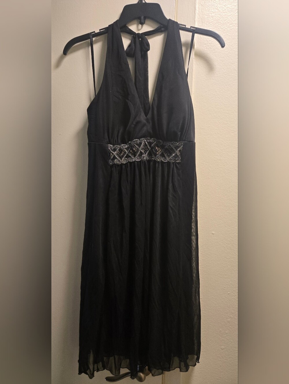 Connected Apparel Black Halter Maxi Dress with Beaded Waist